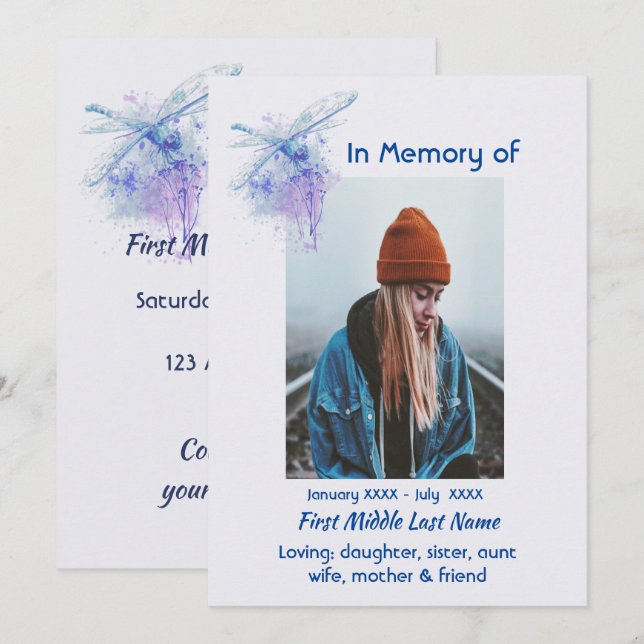 Celebration of Life Service Memorial Dragonfly  Invitation (Front/Back)