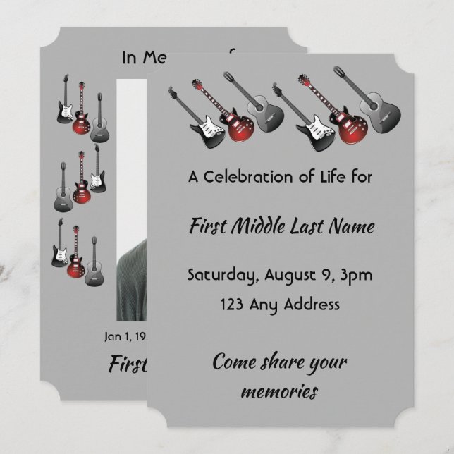 Celebration of Life Service Musician Guitar Music  Invitation (Front/Back)