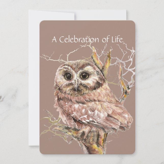 Celebration of Life Service Owl Bird Watercolor Invitation (Front)