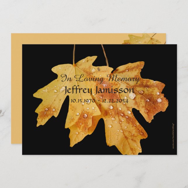 Celebration of Life Service, Raindrops Autumn Leaf Invitation (Front/Back)