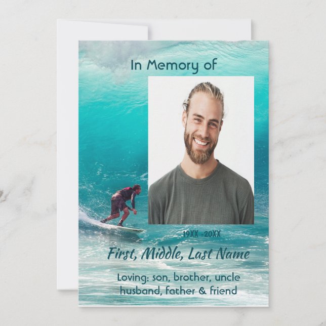 Celebration of Life Service  Wave Surfer Water Invitation (Front)