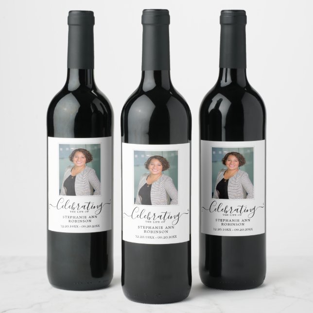 Celebration of Life Simple Photo Funeral Memorial  Wine Label (Bottles)