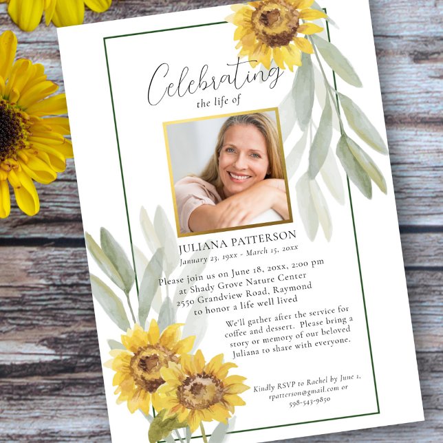 Celebration of Life Sunflowers Funeral Photos Invitation (Creator Uploaded)