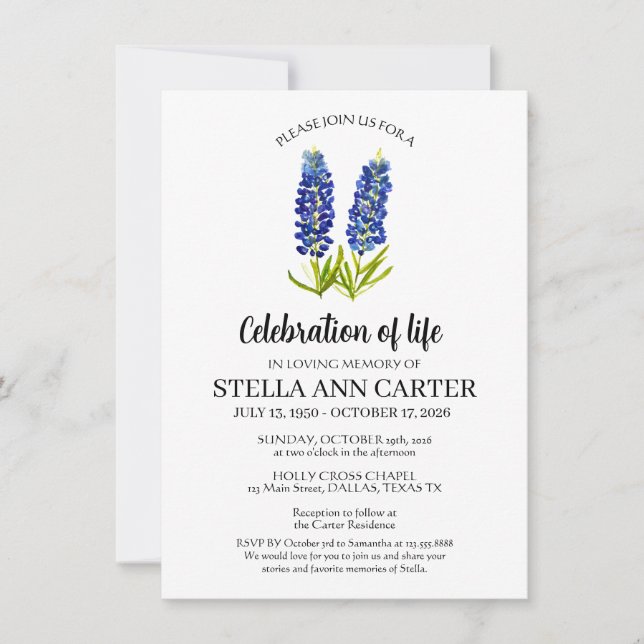 Celebration of Life Texas Bluebonnet Funeral  Invitation (Front)