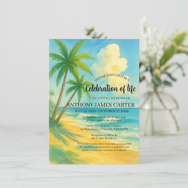 Celebration of Life Tropical Beach Funeral  Invitation (Standing Front)