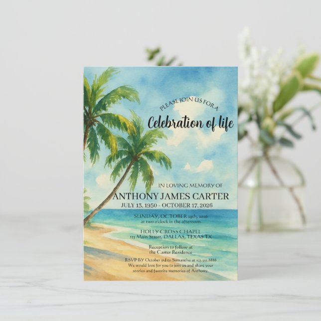 Celebration of Life Tropical Beach Funeral  Invitation (Standing Front)