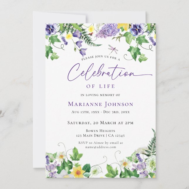 Celebration of Life Watercolor Floral Funeral Invitation (Front)