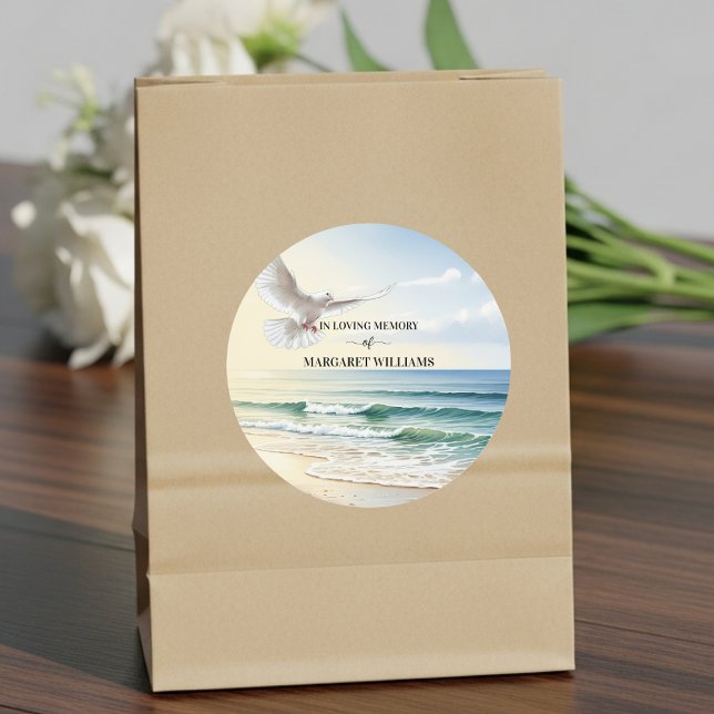 Celebration Of Life White Dove on Beach Classic Round Sticker (Creator Uploaded)