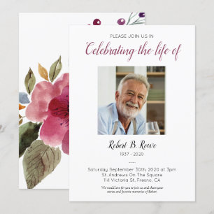 Celebration of Life with Photo Burgundy Flowers Invitation