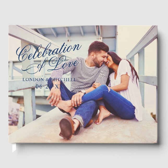 Celebration of Love Navy Blue Wedding Photo Guest Book (Front)