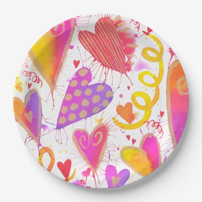 Celebration Of Love Watercolor Hearts Paper Plate (Front)
