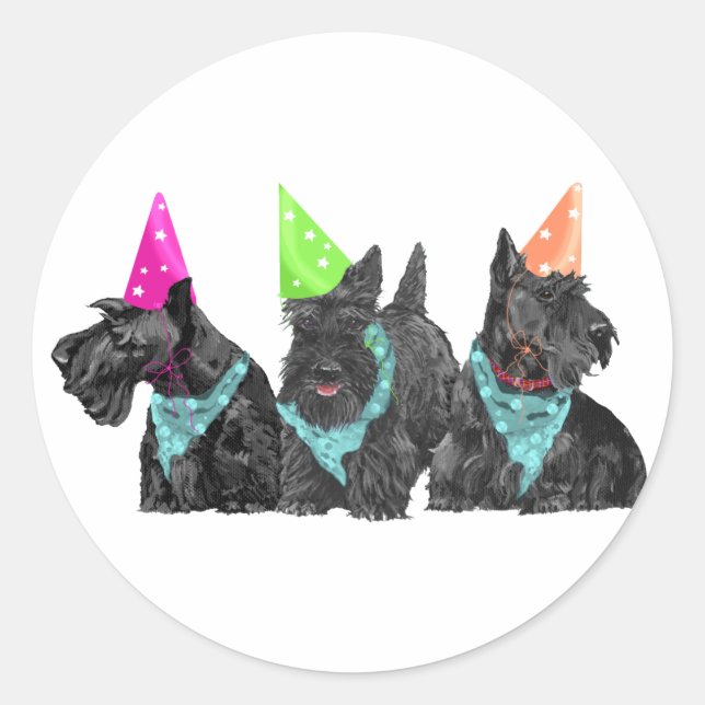 Celebration Scotties in Party Hats Classic Round Sticker (Front)