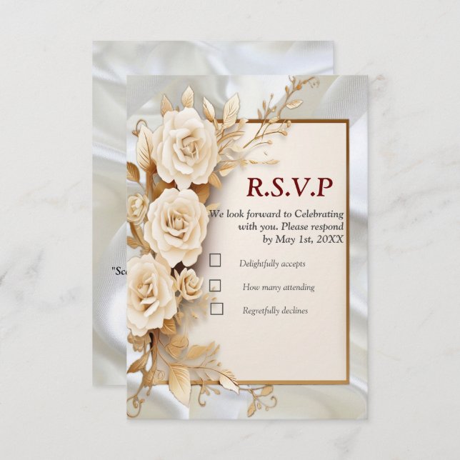 Celebrations with White Flowers and Pearls on Silk RSVP Card (Front/Back)