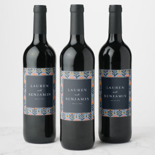 Celebratory Navy Floral Border Wine Label