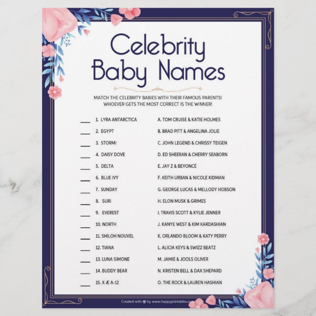 Celebrity Baby Names [Floral Frame] Custom Letterhead (Front)
