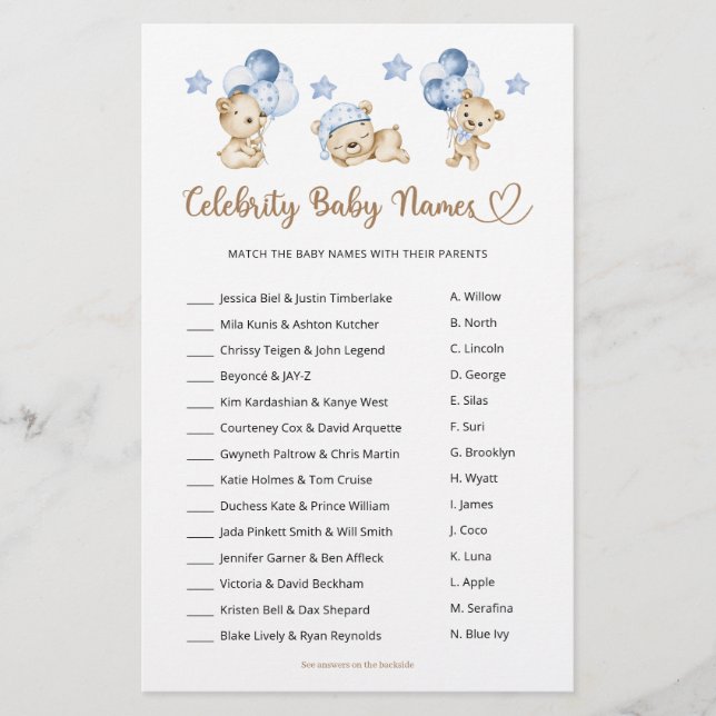 Celebrity Baby Names Teddy Bear Boy Baby Shower (Front)