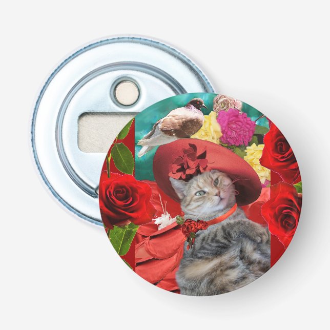 CELEBRITY CAT PRINCESS TATUS, RED HAT WITH PIGEON BOTTLE OPENER (Front)