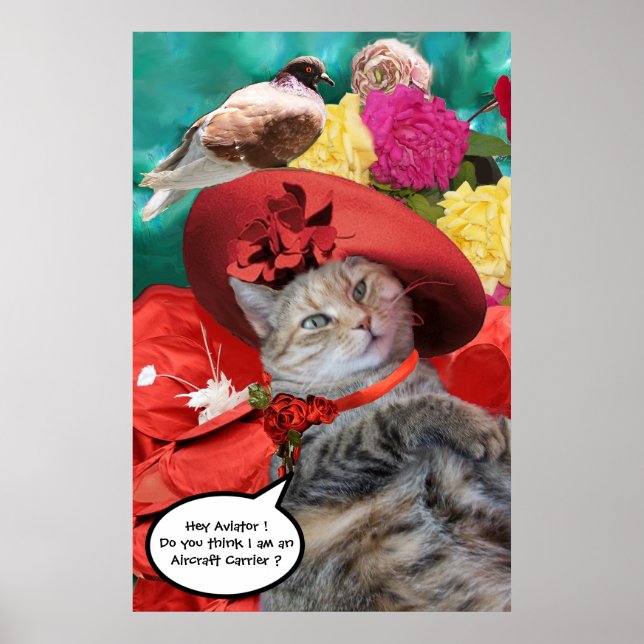 CELEBRITY CAT PRINCESS TATUS, RED HAT WITH PIGEON POSTER (Front)