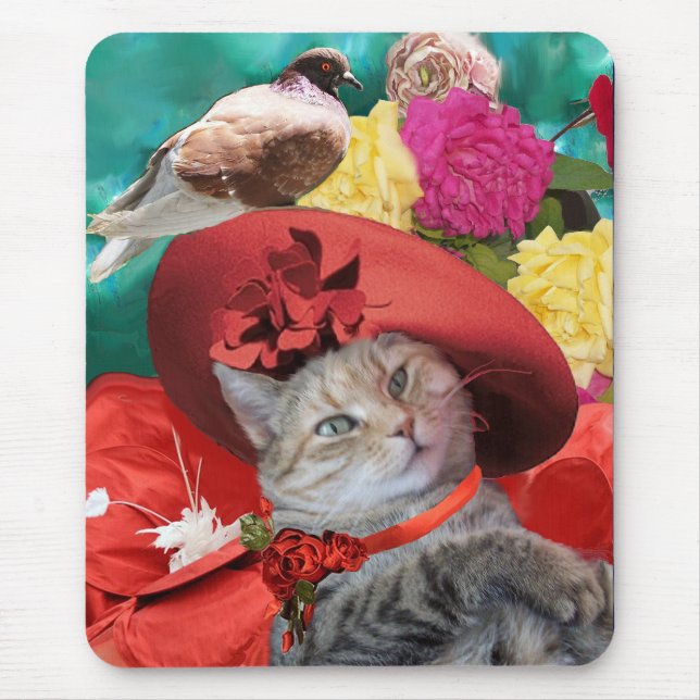 CELEBRITY CAT PRINCESS TATUS WITH RED HAT AND DOVE MOUSE PAD (Front)
