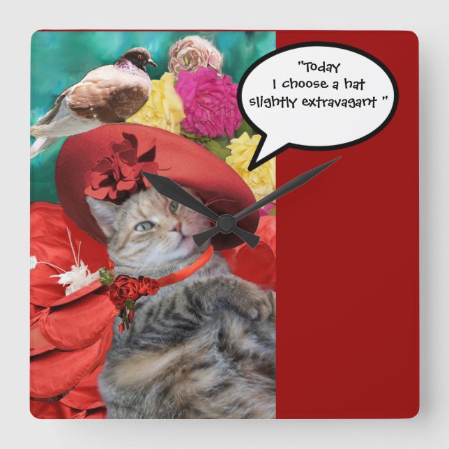 CELEBRITY CAT PRINCESS TATUS WITH RED HAT AND DOVE SQUARE WALL CLOCK (Front)