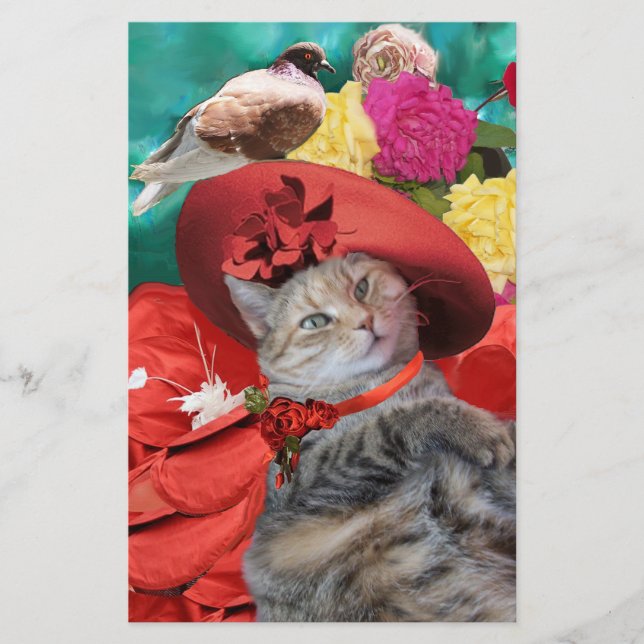 CELEBRITY CAT PRINCESS TATUS WITH RED HAT AND DOVE STATIONERY (Front)