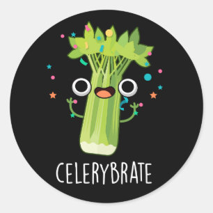 Celery-brate Funny Veggie Celery Pun Dark BG Classic Round Sticker