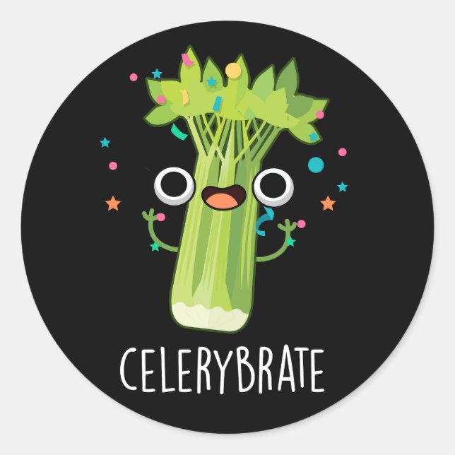 Celery-brate Funny Veggie Celery Pun Dark BG Classic Round Sticker (Front)