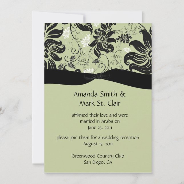 Celery Green and Black Floral Swirls Post Wedding Invitation (Front)