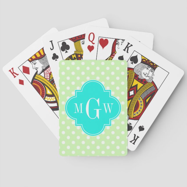 Celery Polka Dot Aqua Quatrefoil 3 Monogram Playing Cards (Back)