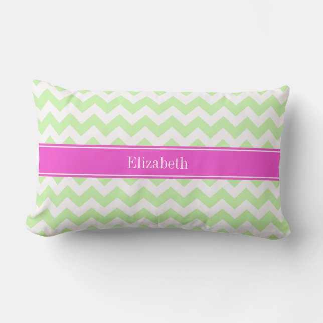 Celery White Chevron Hot Pink Name Monogram Lumbar Cushion (Front)