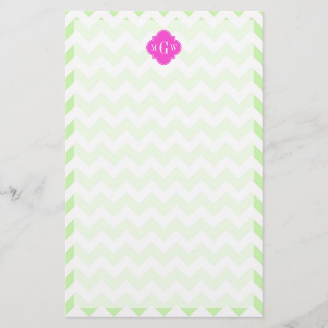 Celery Wht Chevron Hot Pink Quatrefoil 3 Monogram Stationery (Front)