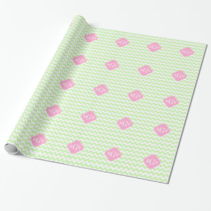 Celery Wht Chevron Pink Quatrefoil 3 Monogram Wrapping Paper