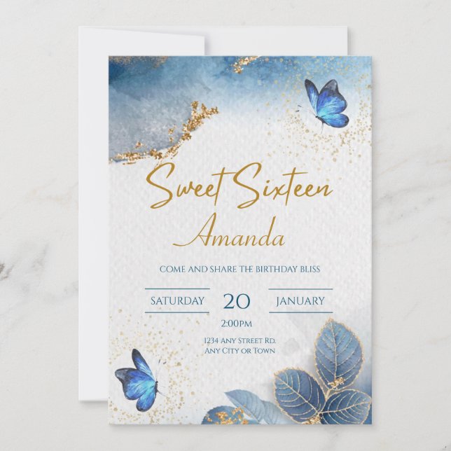 Celeste Blue Sweet 16 Invitation, 16th Birthday Invitation (Front)