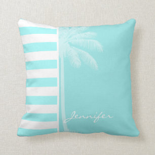 Celeste Horizontal Stripes; Palm Cushion