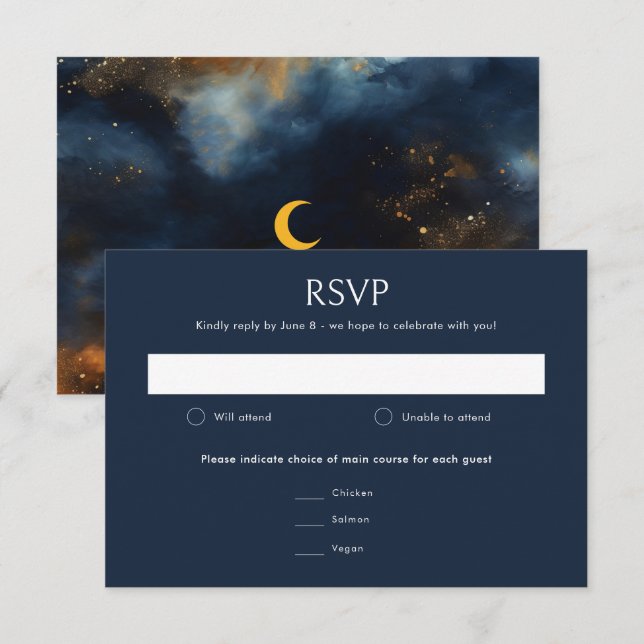 Celestial Abstract Blue Golden Moon Wedding RSVP Card (Front/Back)