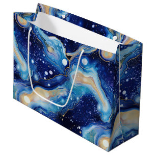 Celestial Abstract Galaxy Art in Blue Gold Swirls Large Gift Bag