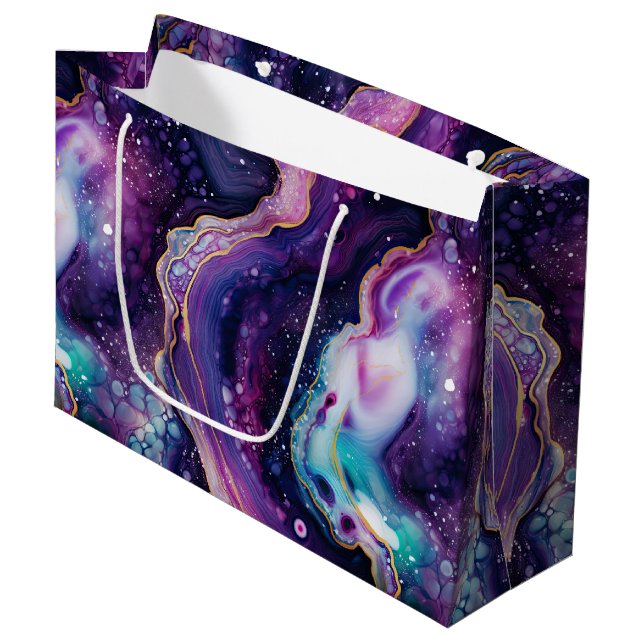 Celestial Agate Abstract Purple Blue Gold Swirls Large Gift Bag (Front Angled)
