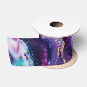 Celestial Agate Abstract Purple Blue Gold Swirls Satin Ribbon