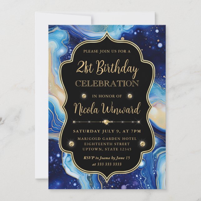 Celestial Agate | Blue Purple Marble Birthday Invitation (Front)