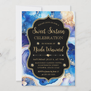 Celestial Agate Blue Purple Marble Sweet 16 Invitation