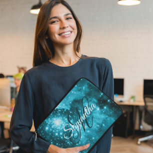 Celestial Aqua Teal Starry Sparkle Fancy Monogram Laptop Sleeve