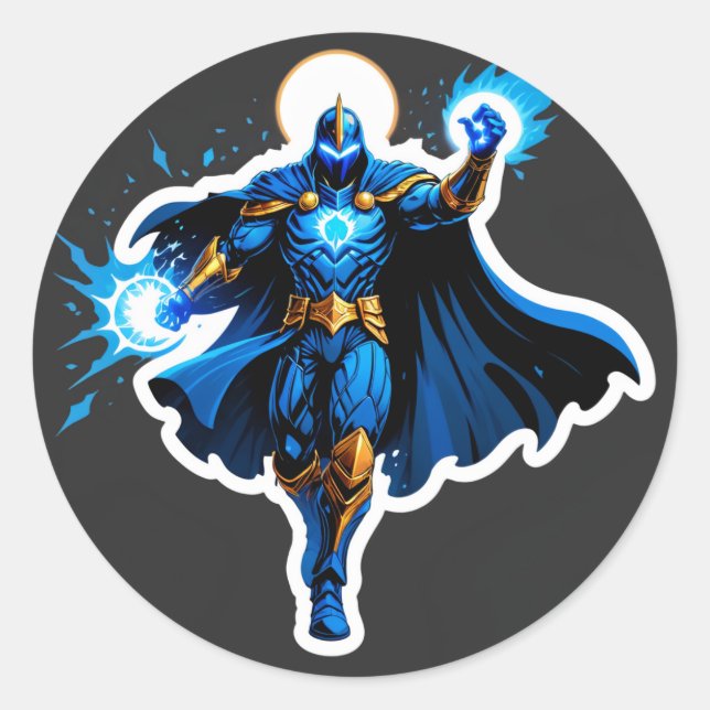 Celestial Arc Knight – Blue Energy Ascension Classic Round Sticker (Front)
