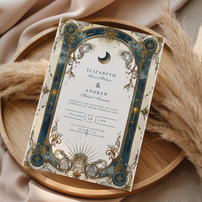 Celestial Art Nouveau Blue Gold Wedding Invitation (Creator Uploaded)