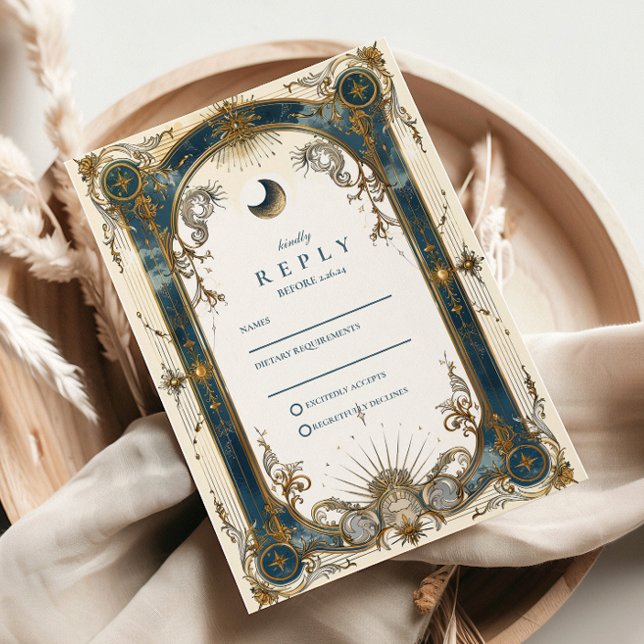 Celestial Art Nouveau Blue Gold Wedding RSVP Card (Creator Uploaded)