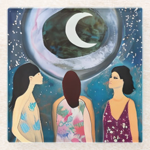 Celestial Artwork Women Looking at the Moon Glass Coaster