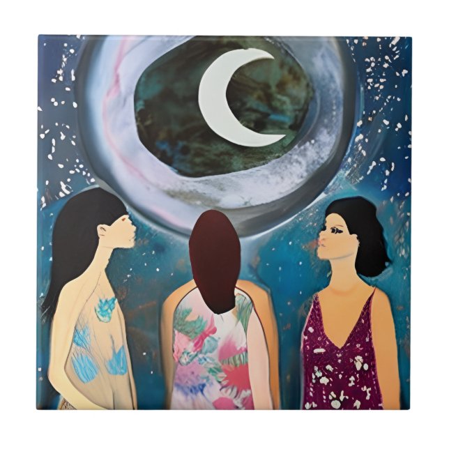 Celestial Artwork | Women Looking at the Moon Tile (Front)