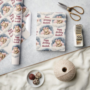 Celestial Baby Bear Personalised Girls Birthday Wrapping Paper
