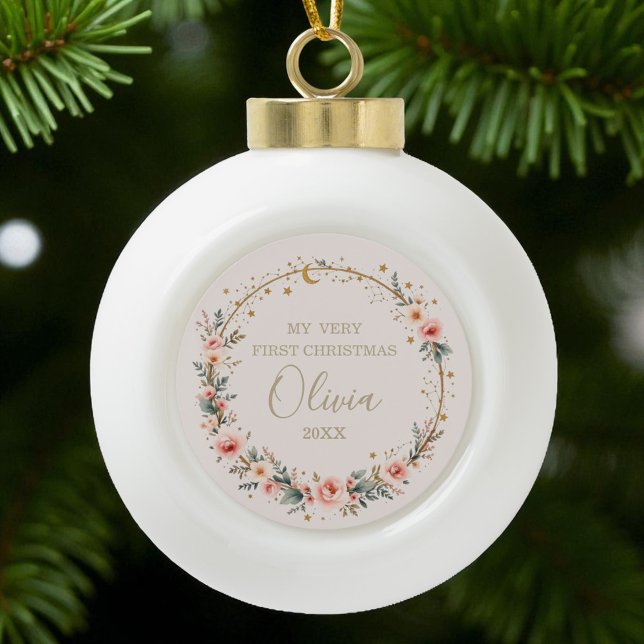Celestial Baby First Christmas Personalised  Ceramic Ball Christmas Ornament (Creator Uploaded)