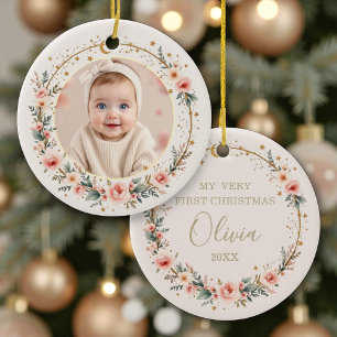Celestial Baby First Christmas Personalised Photo Ceramic Tree Decoration