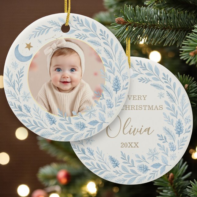 Celestial Baby First  Cute Blue Christmas Photo Ceramic Tree Decoration (Creator Uploaded)